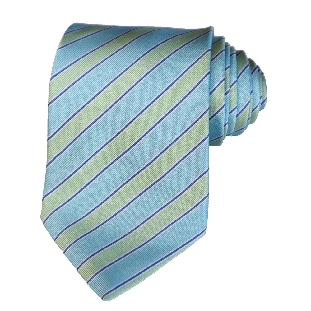 Paul Stuart 70% Silk/30% Cotton Blue/Green Striped Repp Self Tipped Tie France